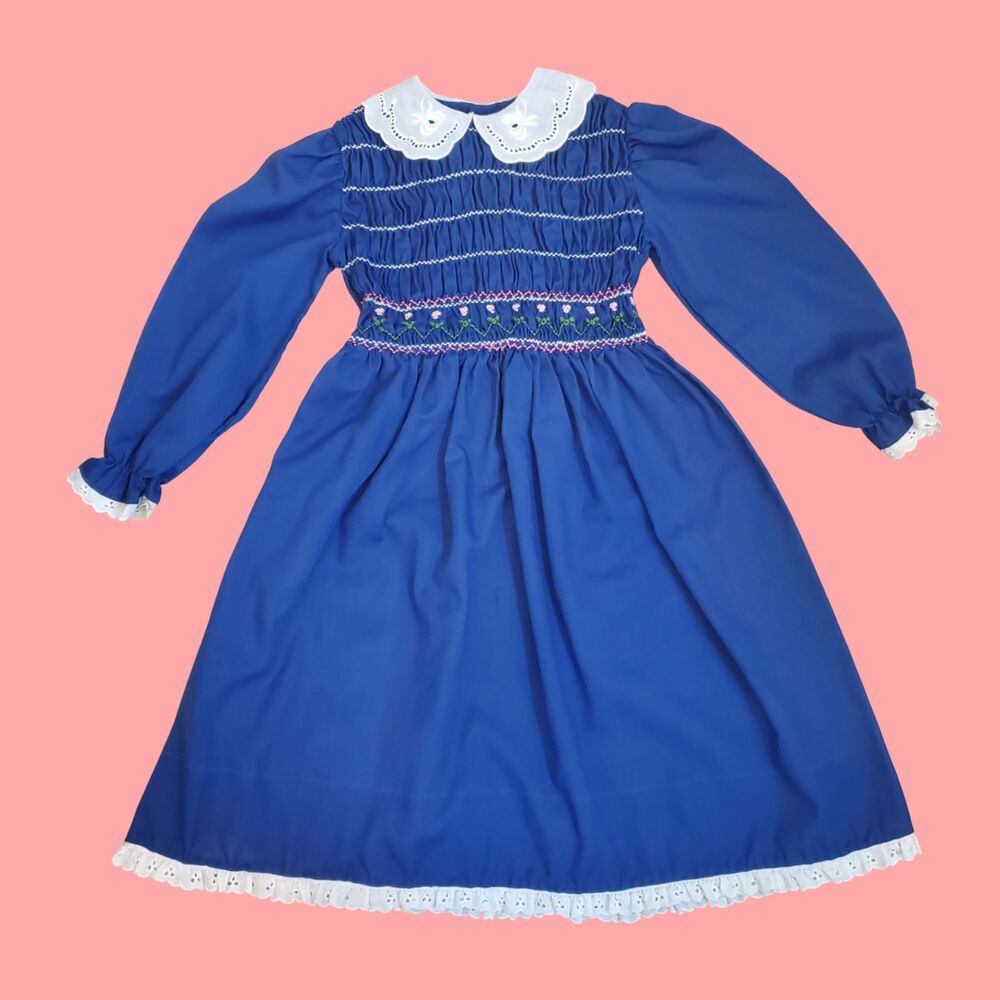 Girl's Vintage 70's Polly Flinders Navy Smocked Dress
